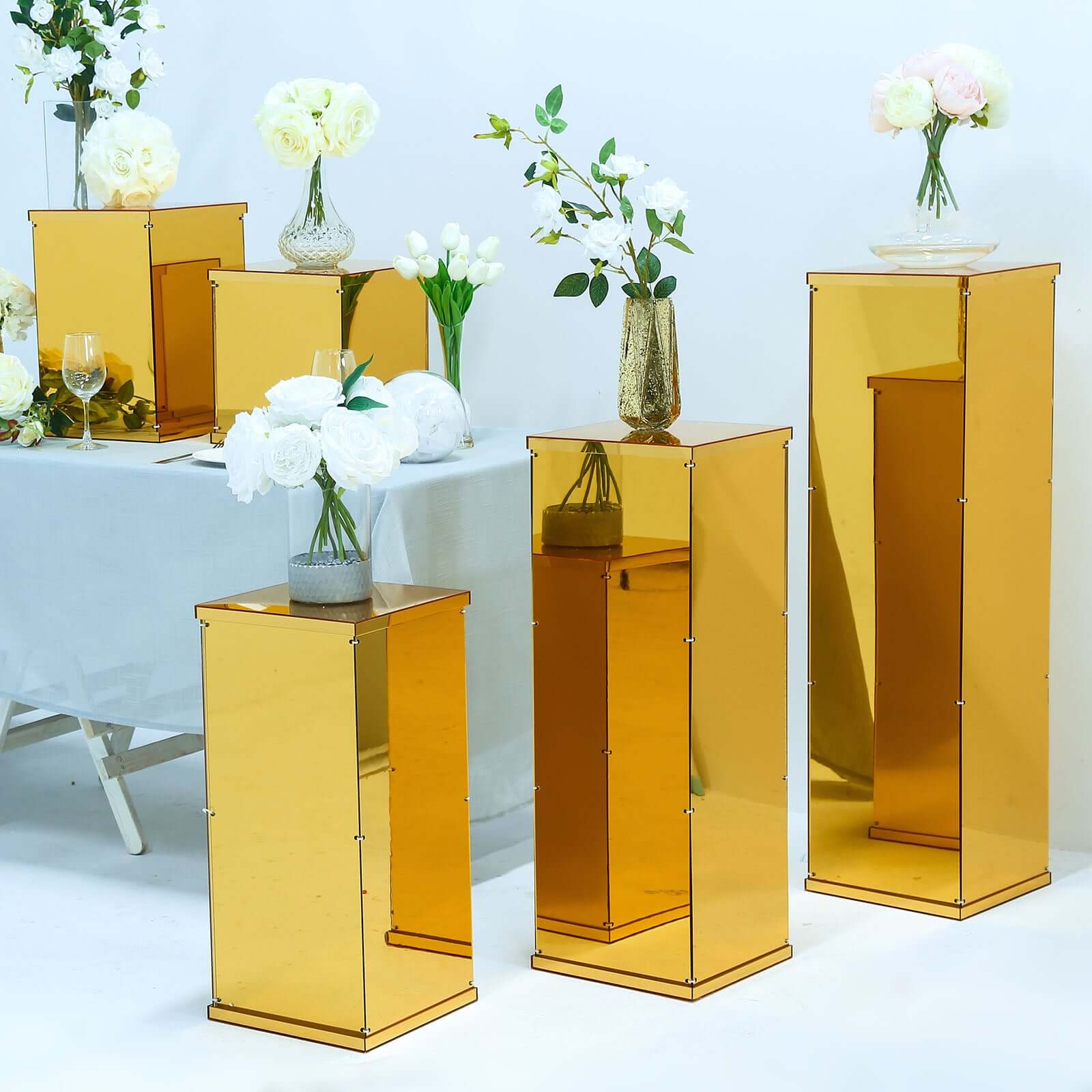 Floor Standing Gold Mirror Finish Acrylic Pedestal Riser, Display Box with Interchangeable Lid and Base 40