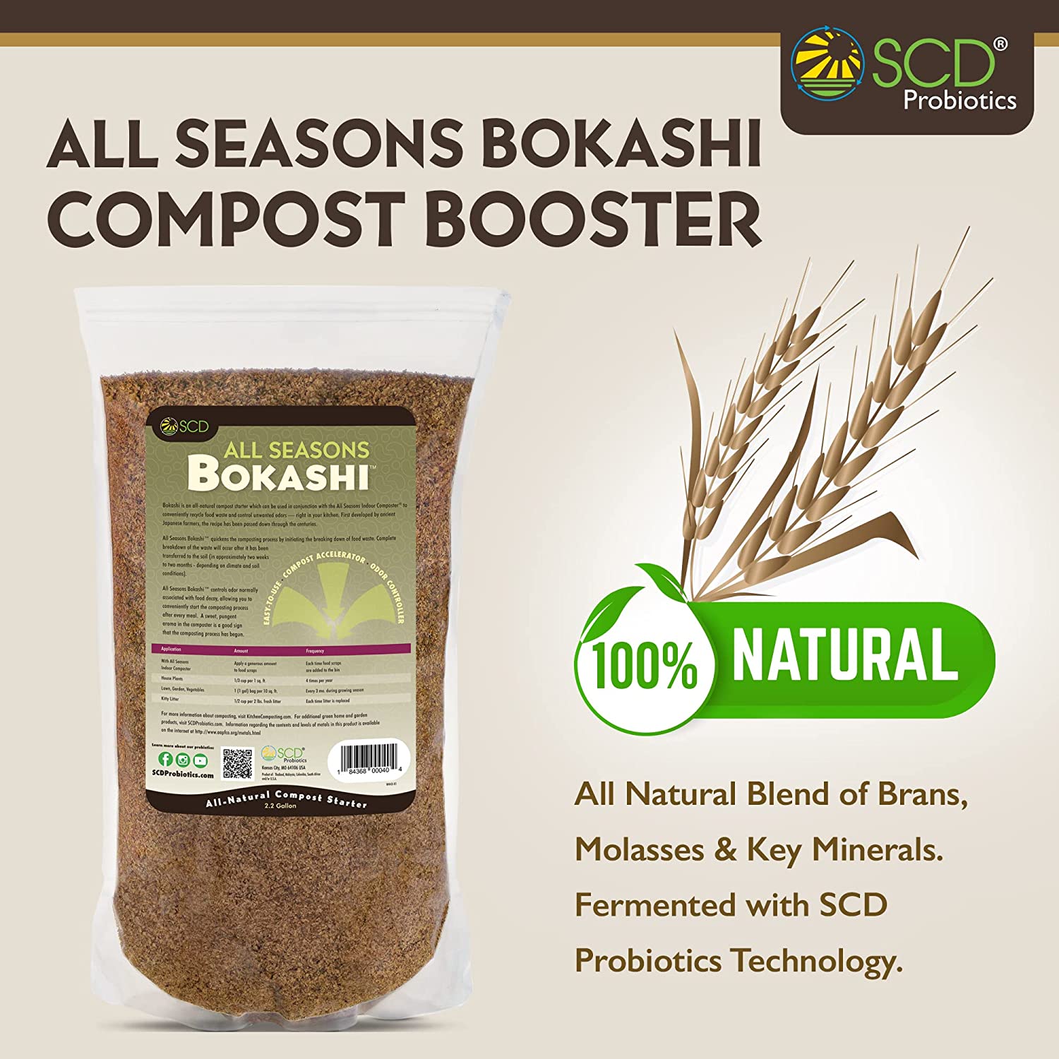 All Seasons Bokashi Compost Starter - Dry Bokashi Bran for Kitchen Compost Bin by SCD Probiotics - 2.2 Gallons, 5 Lbs.