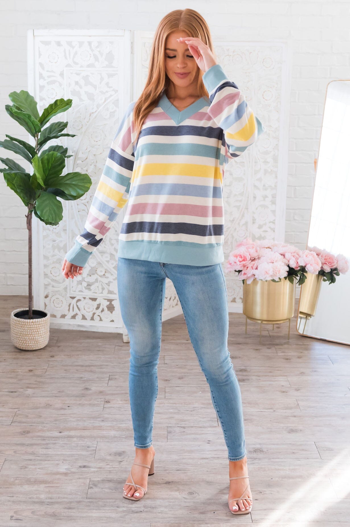 Full Of Glee Modest Striped Top