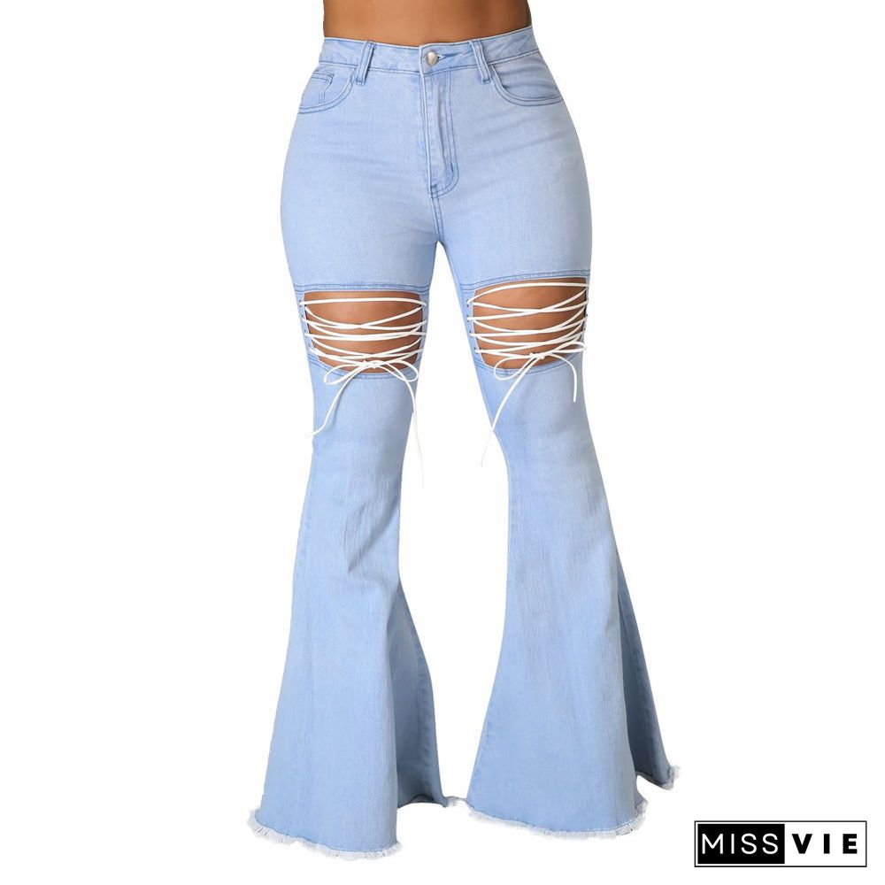 XS Summer Fashion Woman Solid Color Skinny High Waist Holes Bandage Ripped Flare Jeans