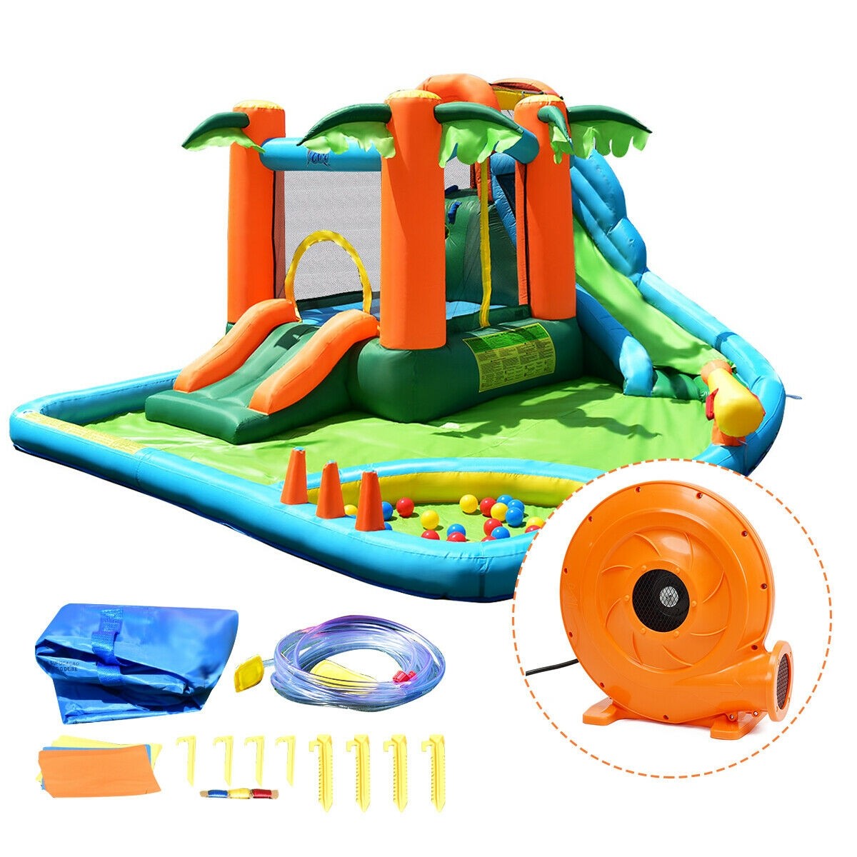 Multiple Play Areas 7 in 1 Jungle Water Park w/ Two Slides & Jumping Area