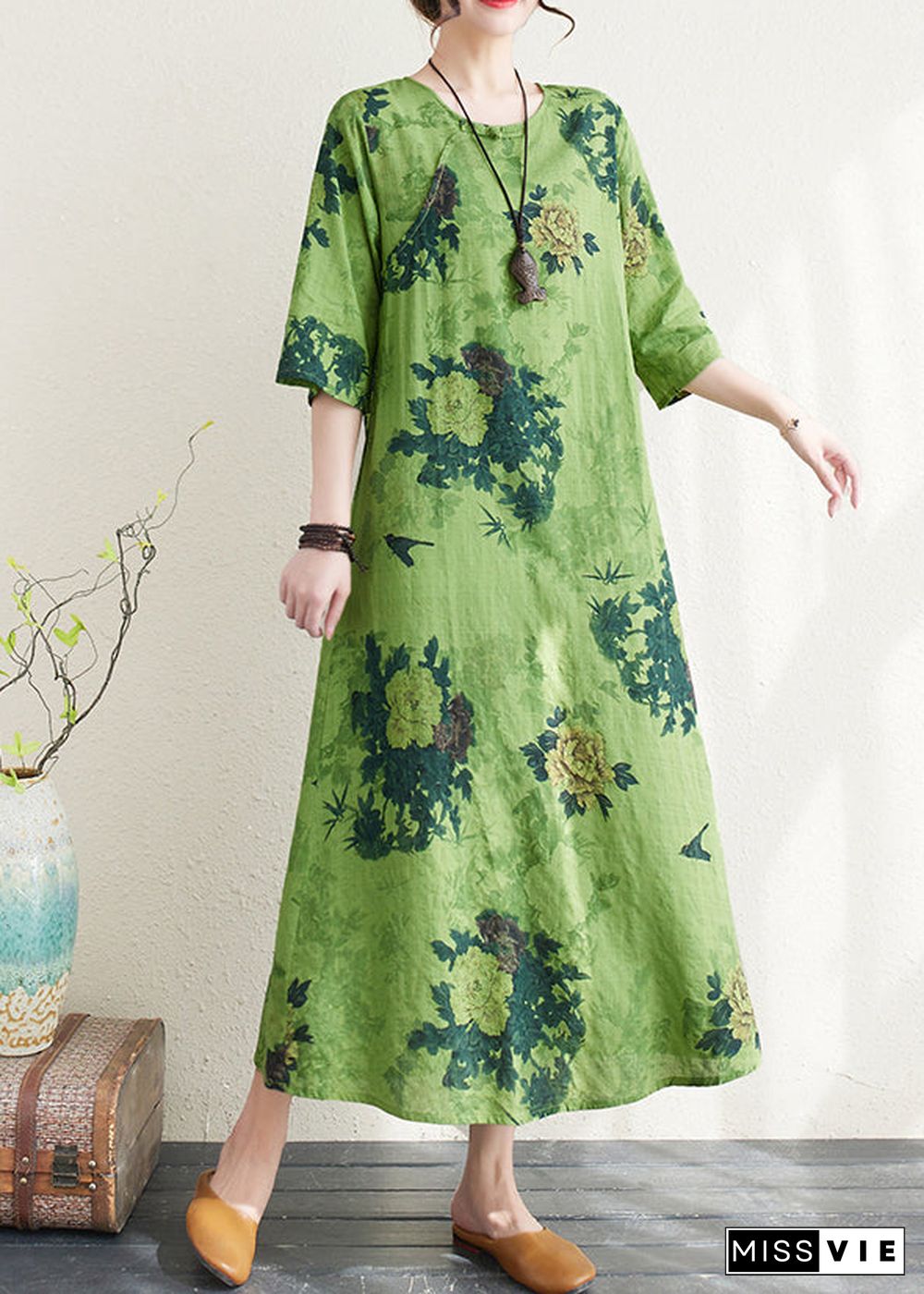 Women Green Print Chinese Button Linen A Line Dress Summer