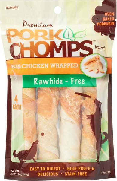 Premium Pork Chomps Real Chicken Wrapped Twists Dog Treats， Large， 4 count