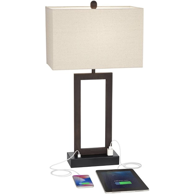 Tall Bronze Rectangular With Usb And Ac Power Outlet In Base Oatmeal Fabric Shade For Living Room Office House