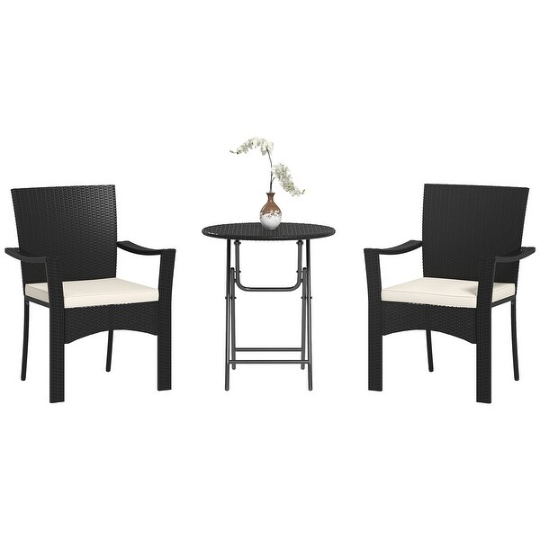 Outsunny 3 Pieces Outdoor PE Rattan Bistro Set with Cushion，Outdoor Patio Furniture Set with Folding Table，Metal Frame Wicker