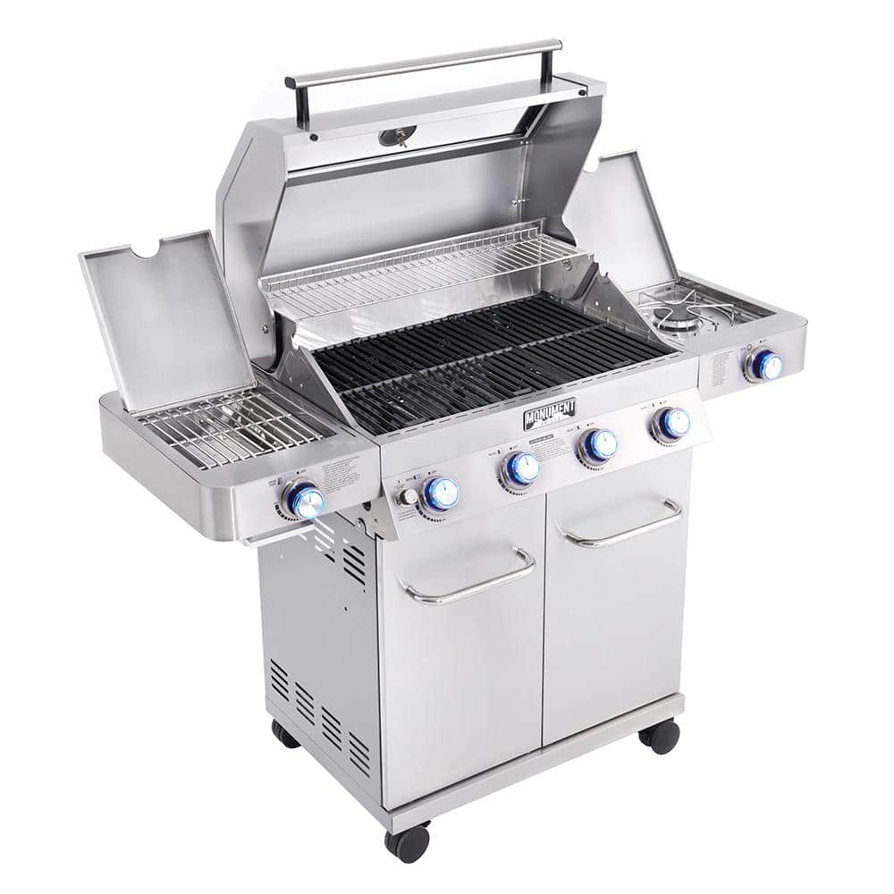 Monument Grills 4-Burner Propane Gas Grill in Stainless with Clear View Lid, LED Controls, Side and Sear Burners 35633