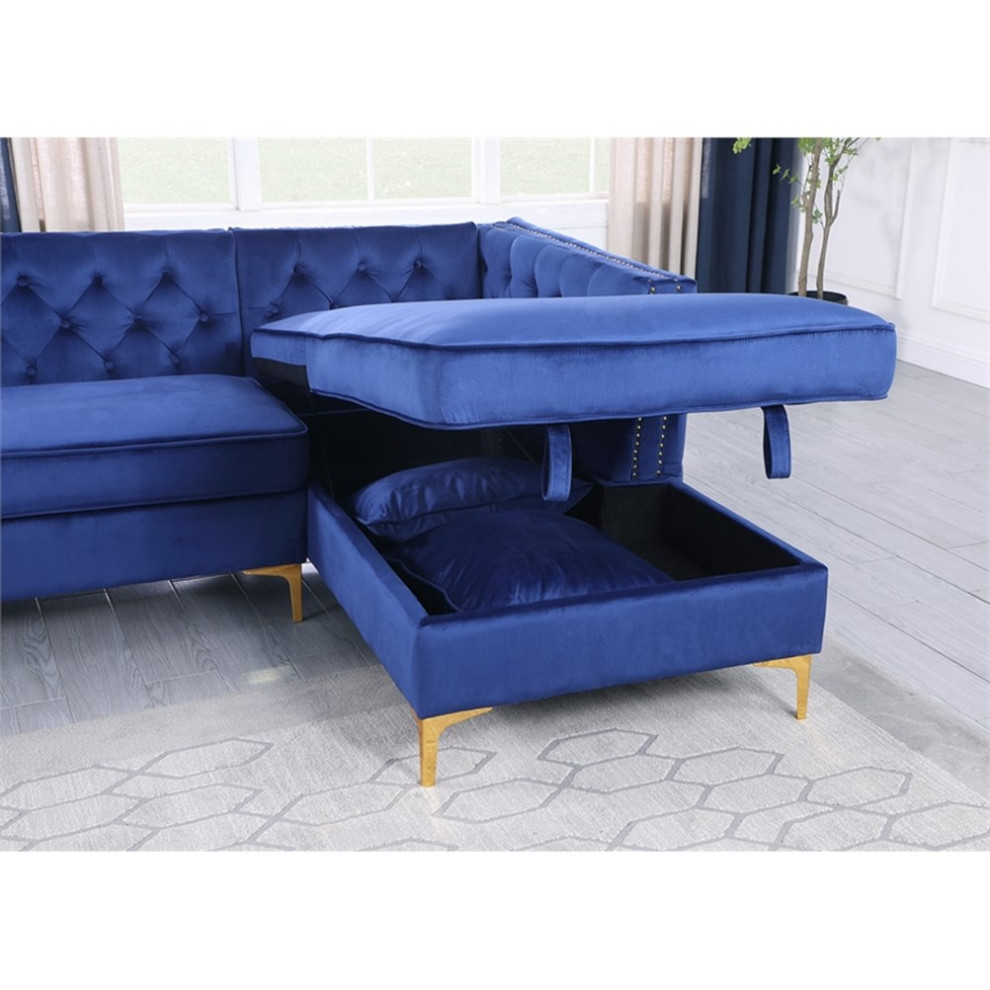 Navy Blue Velvet Upholstered Sectional with Storage and Gold Stainless Steel   Midcentury   Sectional Sofas   by Homesquare  Houzz