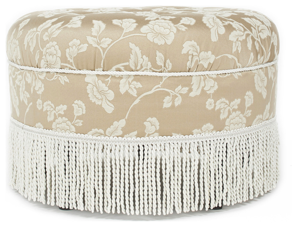 Yolanda Upholstered Round Accent Ottoman  Champagne Beige Floral Jacquard   Traditional   Footstools And Ottomans   by Jennifer Taylor Home  Houzz