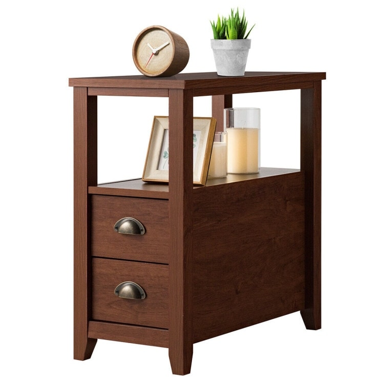 End Table Wooden with 2 Drawers and Shelf Bedside Table Espresso   23.5\