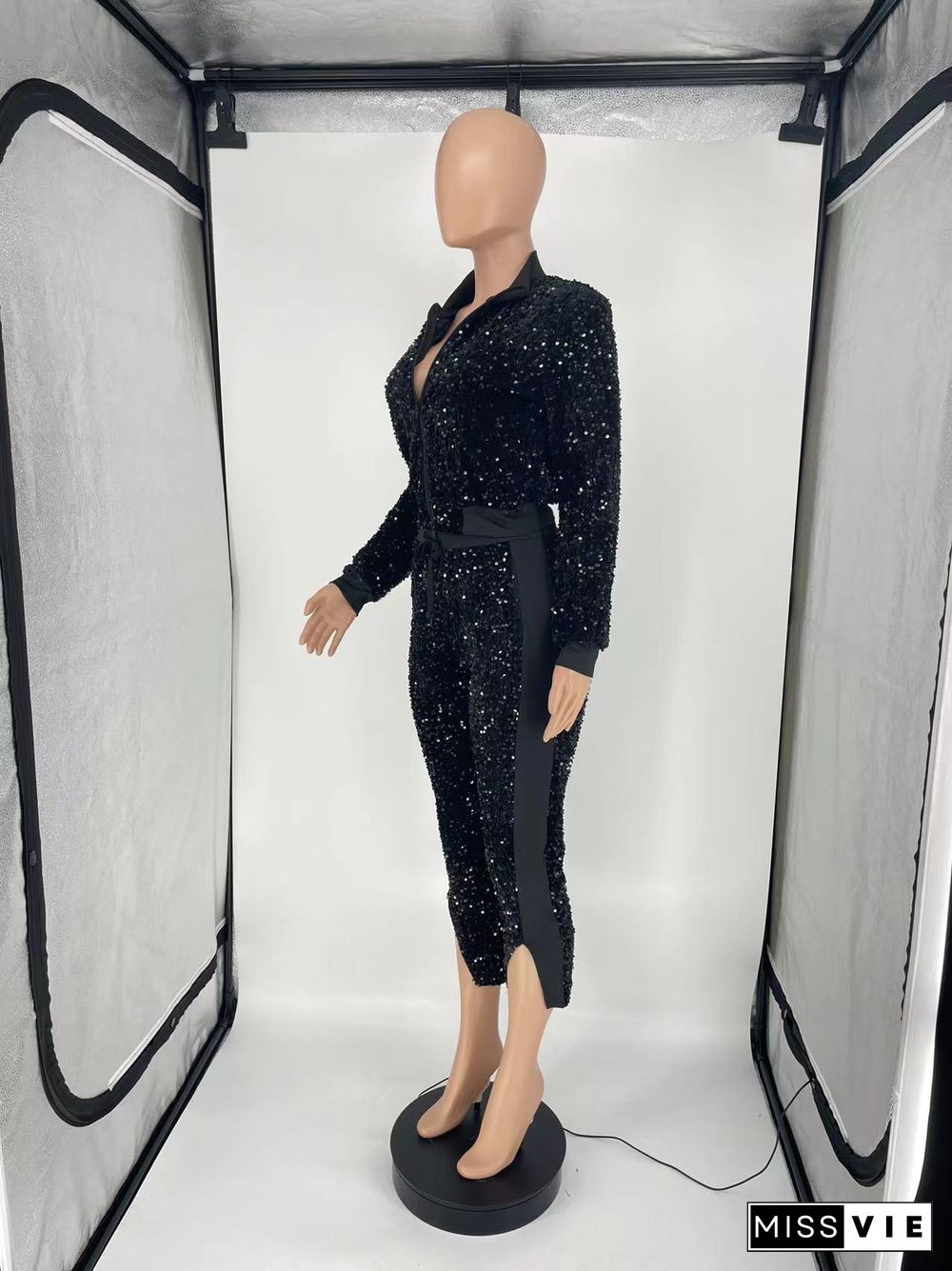 Sequins Zipper Fly Jacket and Pants Two Piece Set