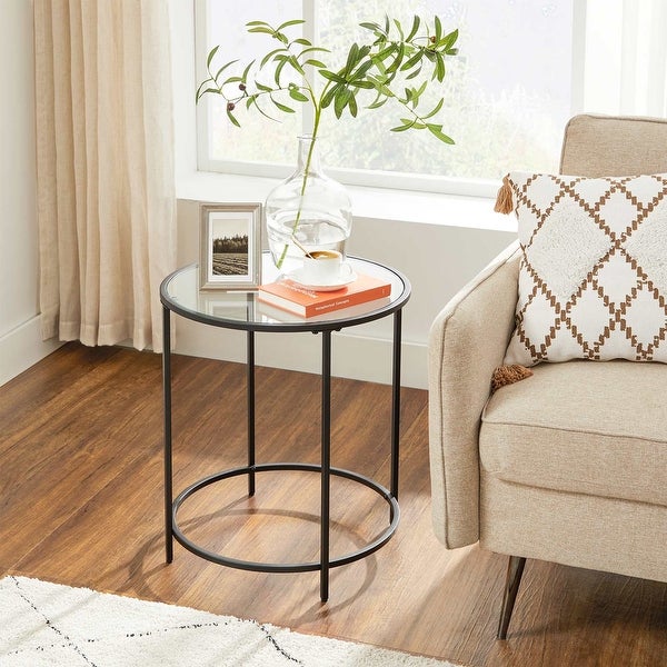 Round Side Table， Glass End Table with Metal Frame， Small Coffee Accent Table， Bedside Table， Modern Style - 19.7