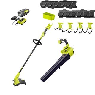 RYOBI 40V Cordless Battery String Trimmer  Jet Fan Blower w LINK Wall Storage Kit - 4.0 Ah Battery and Charger Included RY40930-ST