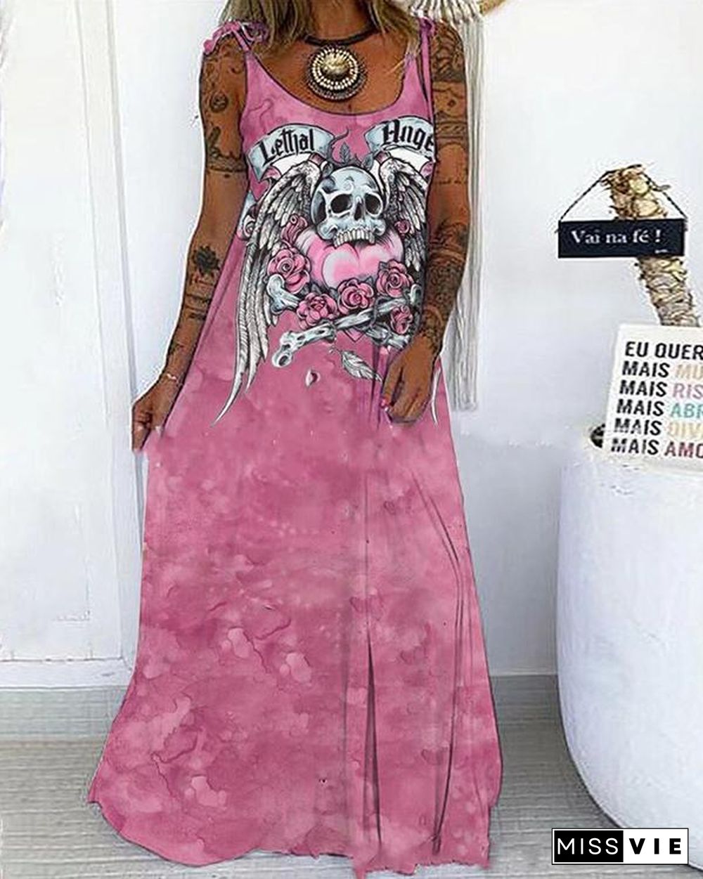 Multiple Color Skull&Rose Print Lace up Spaghetti-Strap Maxi Dress