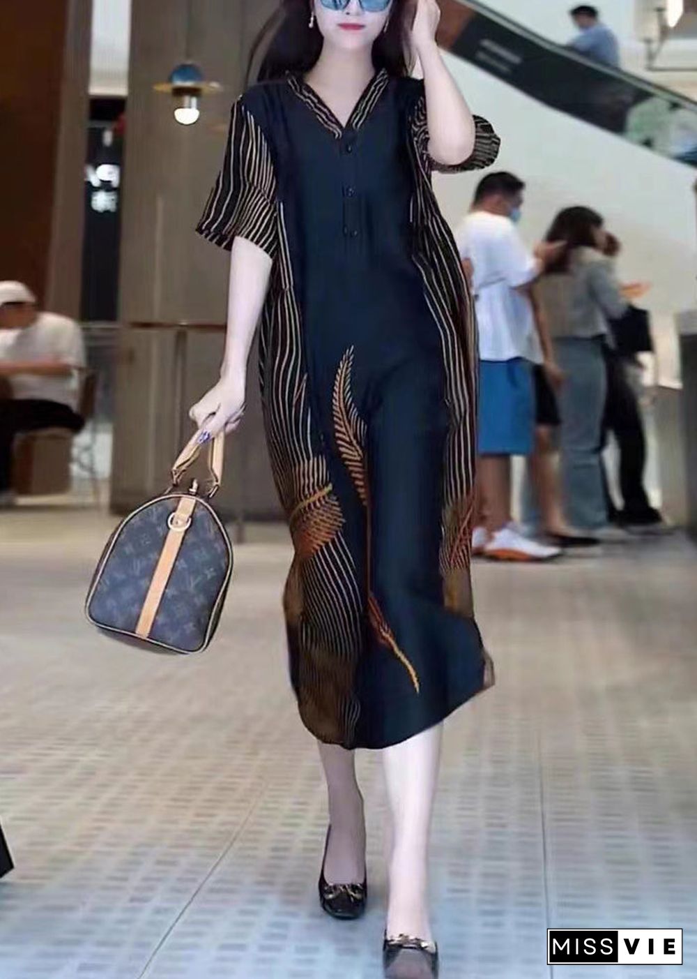 Fashion Black V Neck Print Patchwork Silk Long Dresses Summer