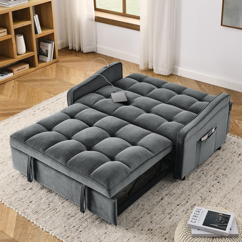 Pull out Bed Loveseats Sofa Bed with Adjsutable Back  Two Arm Pocket  TypeC and USB Charging  Grey