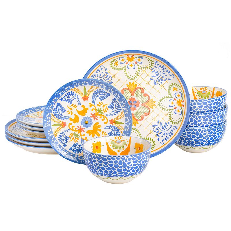 Laurie Gates Tierra Tile 12 Piece Round Stoneware Dinnerware Set in Assorted Designs