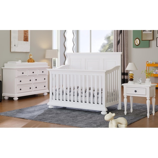 4 Pieces Bedroom Sets 4-in-1 Convertible Crib with Nightstand，Dresser and Changing Topper - - 37527172