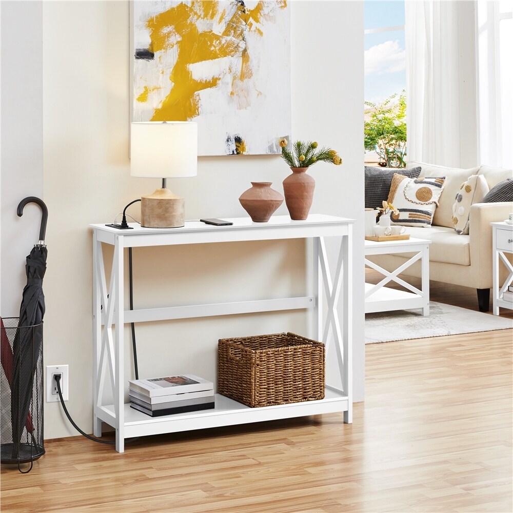 Yaheetech 2 Tier Narrow Sofa Table with Outlet Industrial Long Console Table