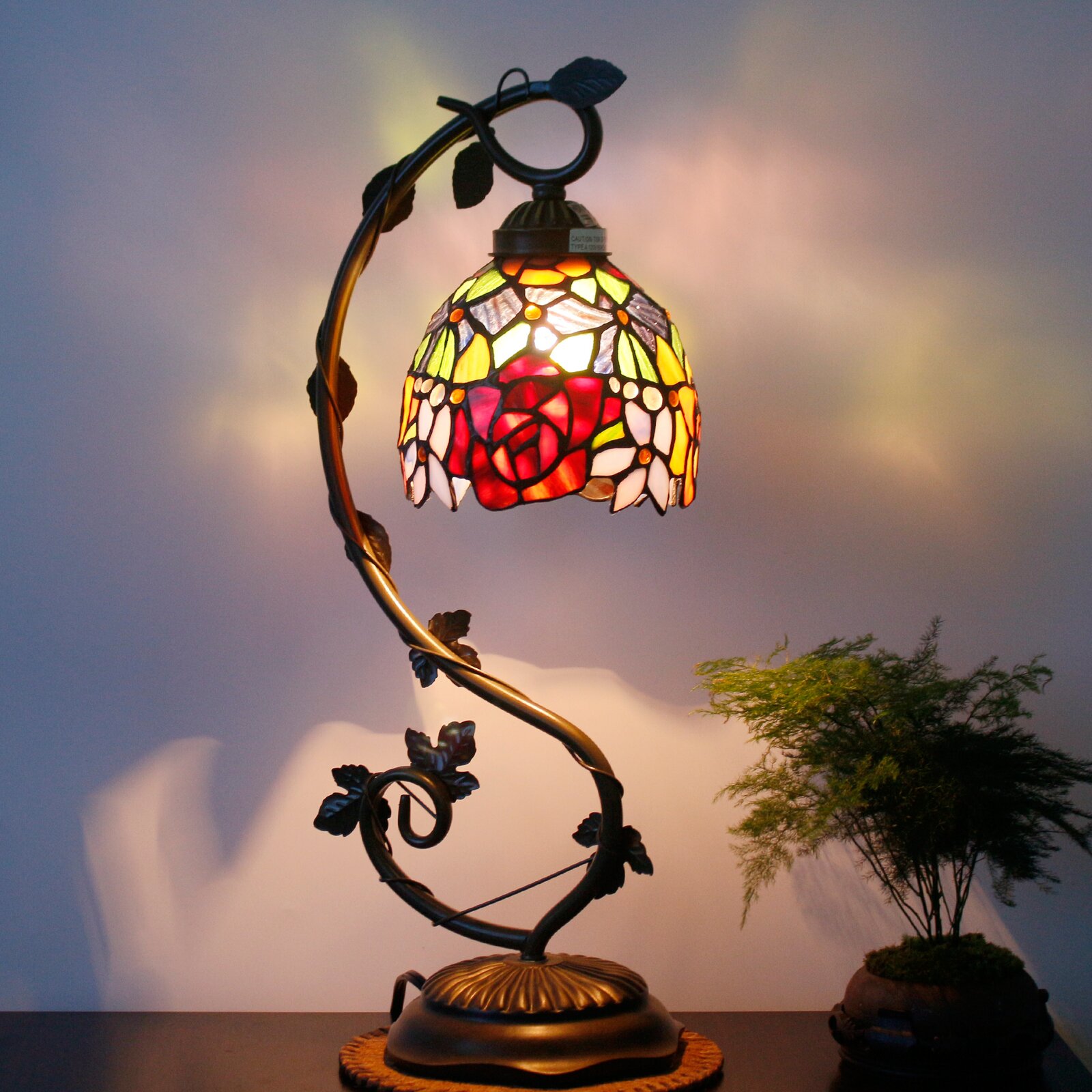 Bedside Table Lamp - World Menagerie  Style Stained Glass Lamp, Red Rose Nightstand Reading Desk Light W6H22 Inch S001, Lover Girlfriend Women Kid's Living Room Bedroom Office Coffee Bar Craft Gift