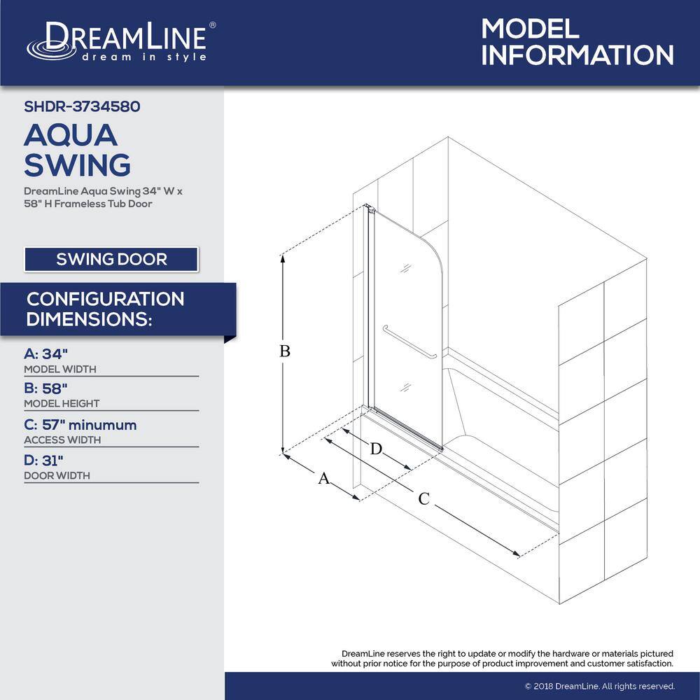 DreamLine Aqua Swing 34 in. x 58 in. Semi-Frameless Hinged Tub Door in Chrome SHDR-3734580-01