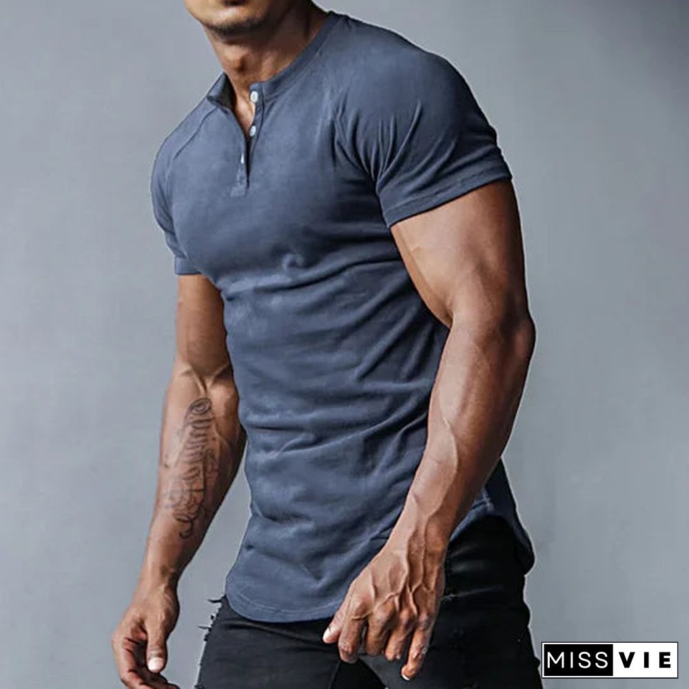 Men's Outdoor Casual Solid Color Henley Collar Bottoming Shirt Sports Fitness Running Slim Short-sleeved T-shirt