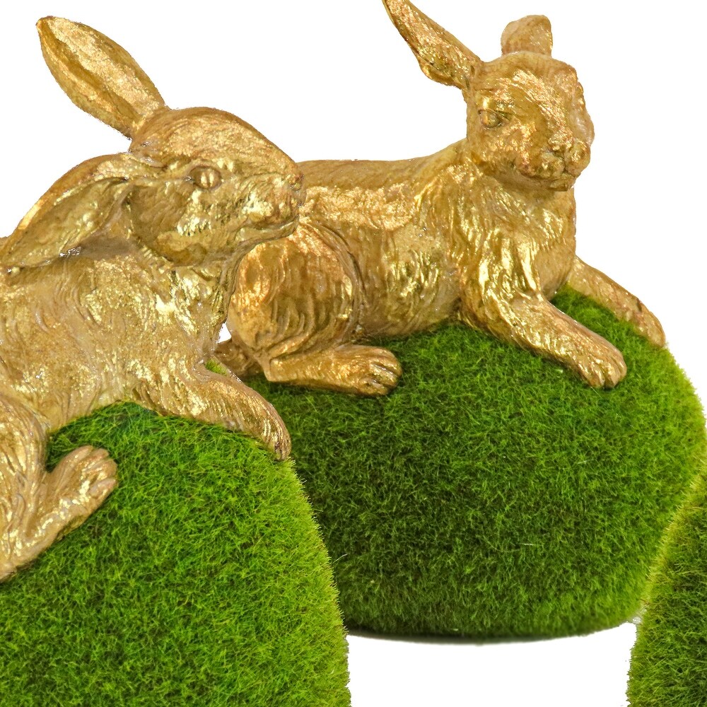 Gold Bunny with Green Moss Egg  Set of 3   7 in