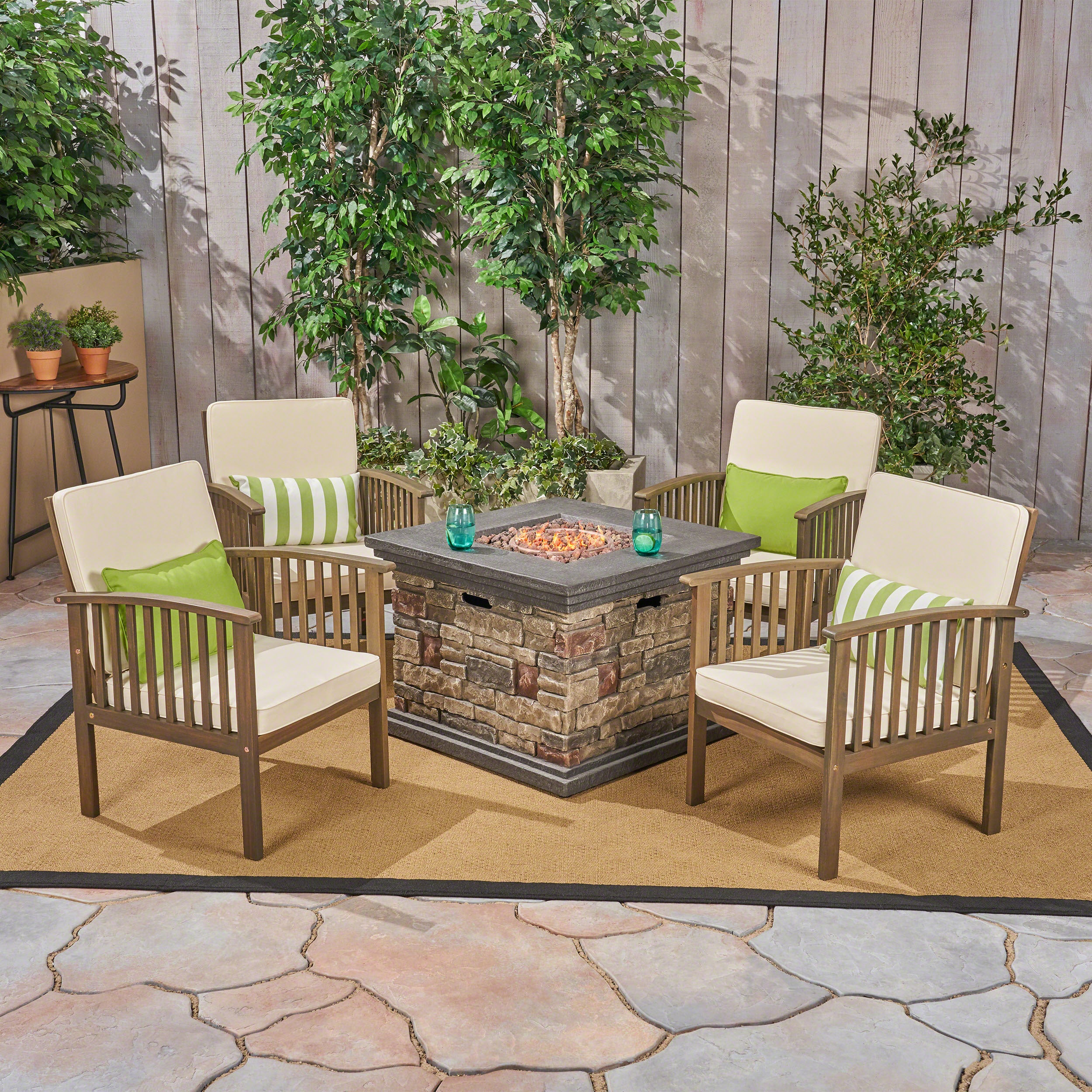 Cape Outdoor 4-Seater Acacia Wood Club Chairs with Firepit, Brown Patina Finish and Cream and Stone