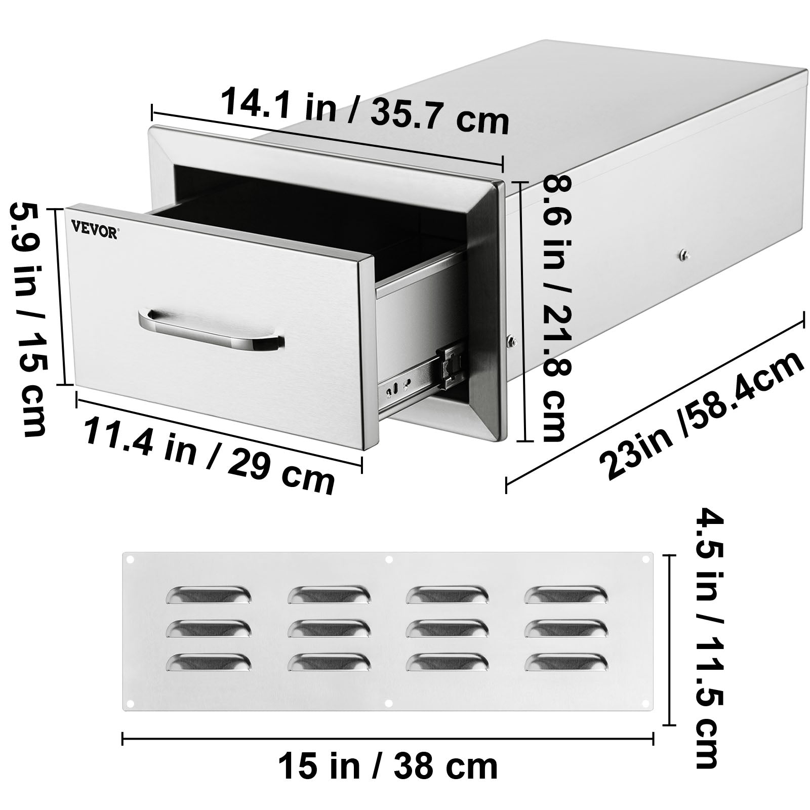 VEVOR 14x8.5 inch Outdoor Kitchen Drawers Stainless Steel, Flush Mount Double Drawers,14W x 8.5H x 23D Inch, with Stainless Steel Handle, BBQ Drawers for Outdoor Kitchens or BBQ Island