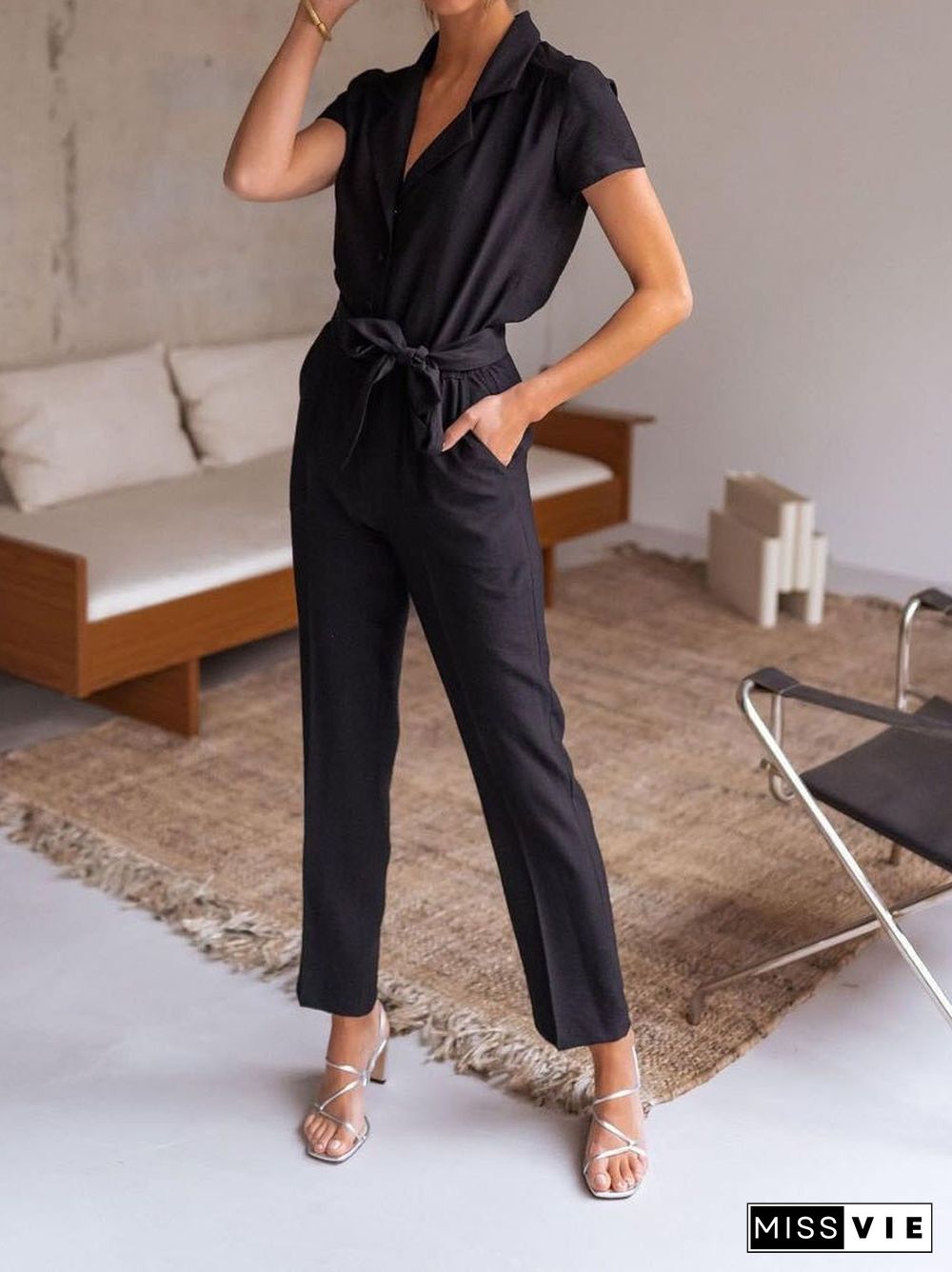 Women'S Jumpsuits Lapel Lace-Up Pocket Casual Jumpsuit