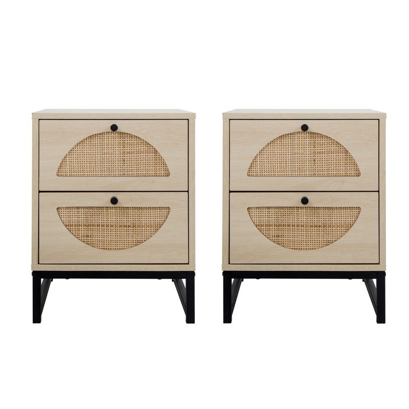 Rattan Design Nightstand with 2 Drawers (Set of 2)