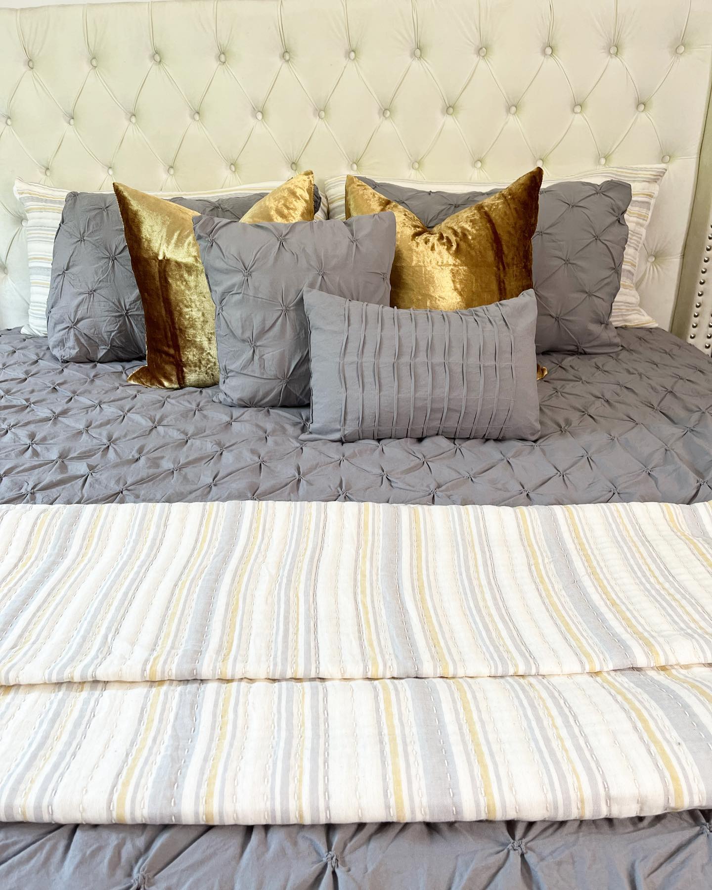 Bedding Bundle:  Solange Stripe Quilt/Coverlet Set + Ravello Pintuck Comforter Set