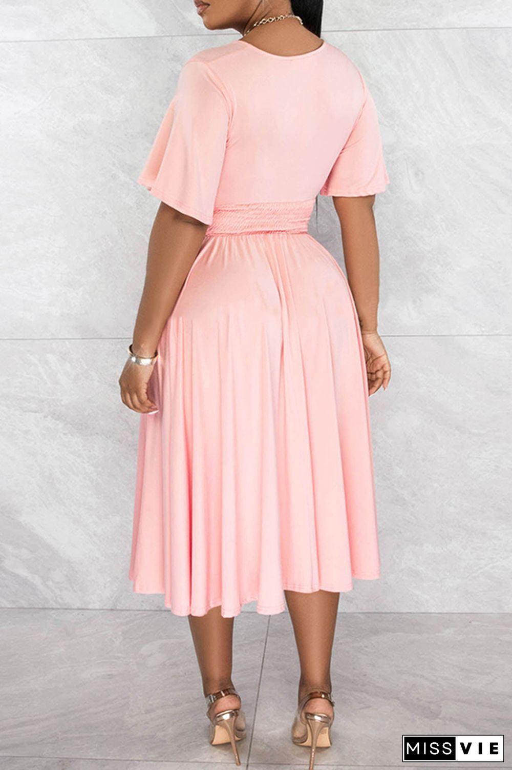 Pink Casual Solid Patchwork V Neck Short Sleeve Dress