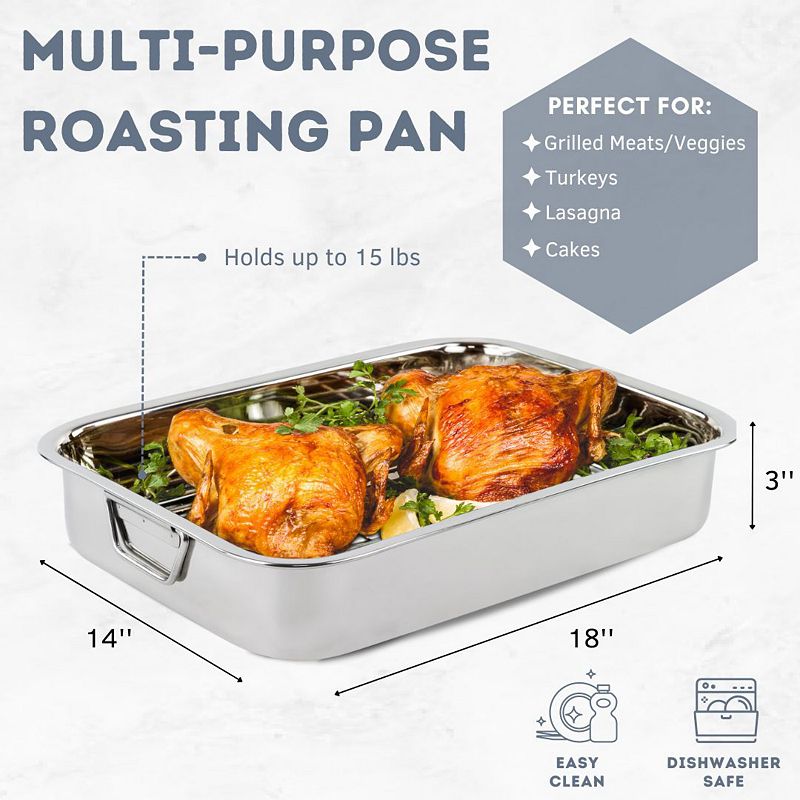 Premium Stainless Steel Roasting Pan with Rack， 18 inch