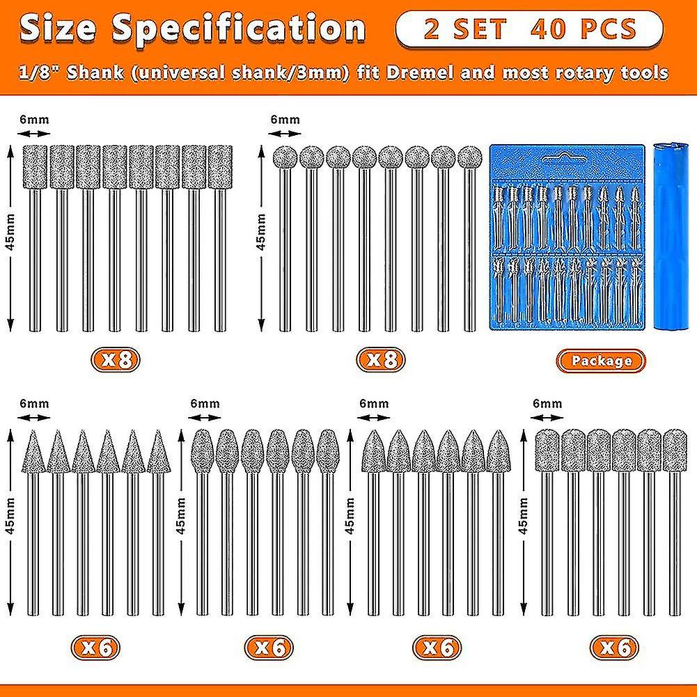 40 Pieces Diamond Burr Bits Stone Carving Set For Dremel Rotary Tool