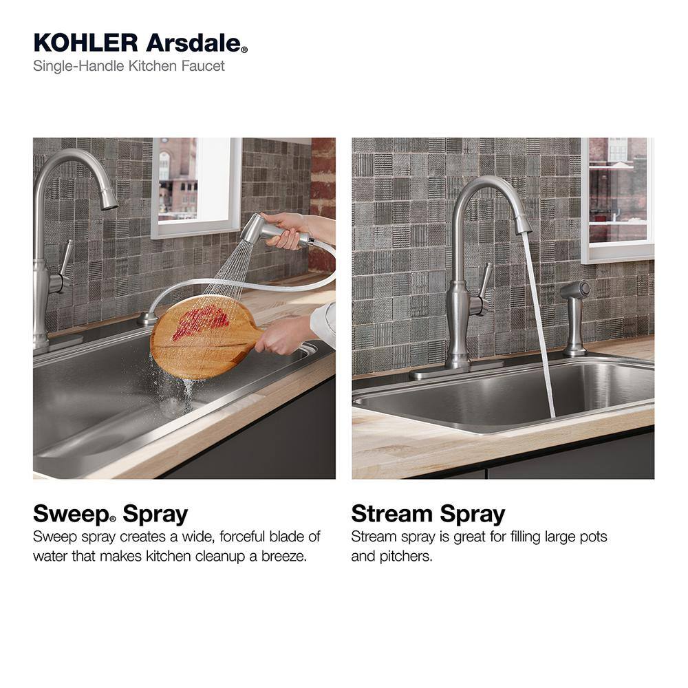 KOHLER Arsdale Single-Handle Standard Kitchen Faucet with Swing Spout and Sidespray in Vibrant Stainless K-R24213-VS