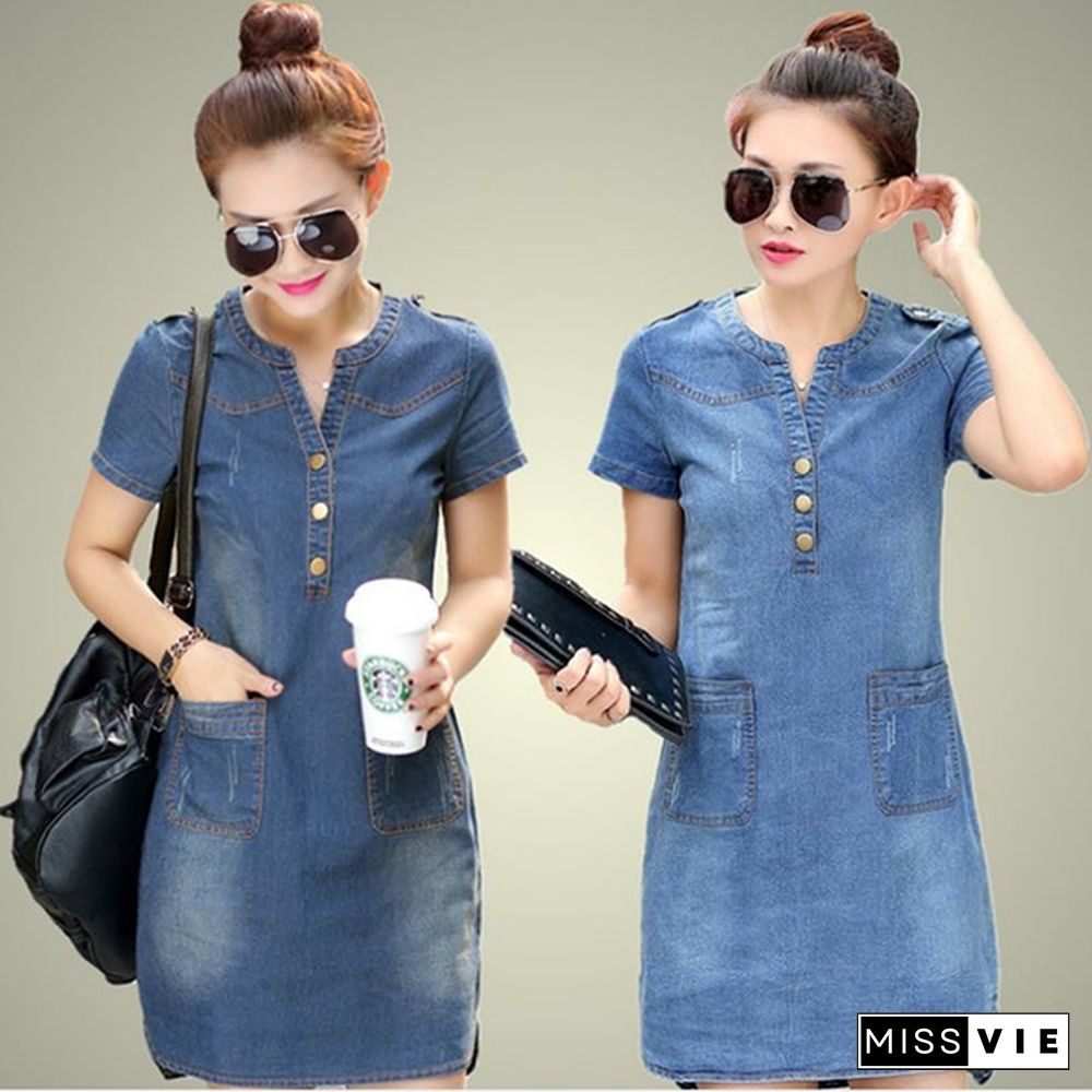 New fashion Summer Style Plus Size A Line Denim Dress Women V-neck Short Sleeve Slim Casual Office Denim Jeans Dress Vestidos Robe