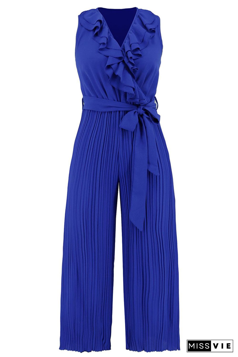 V Neck Ruffles Pleated Sleeveless Jumpsuit