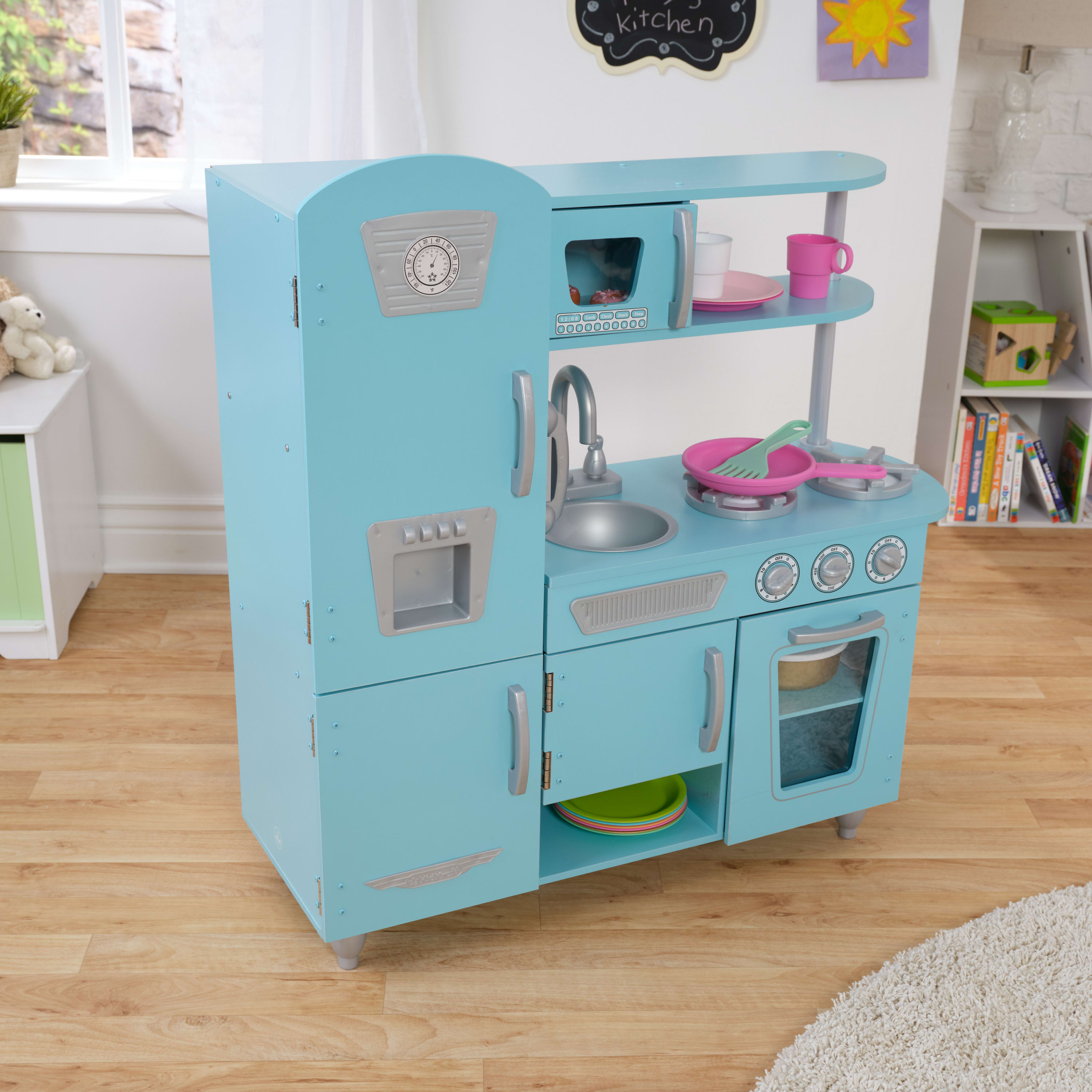 KidKraft Vintage Wooden Play Kitchen with Pretend Ice Maker and Play Phone -  Blue