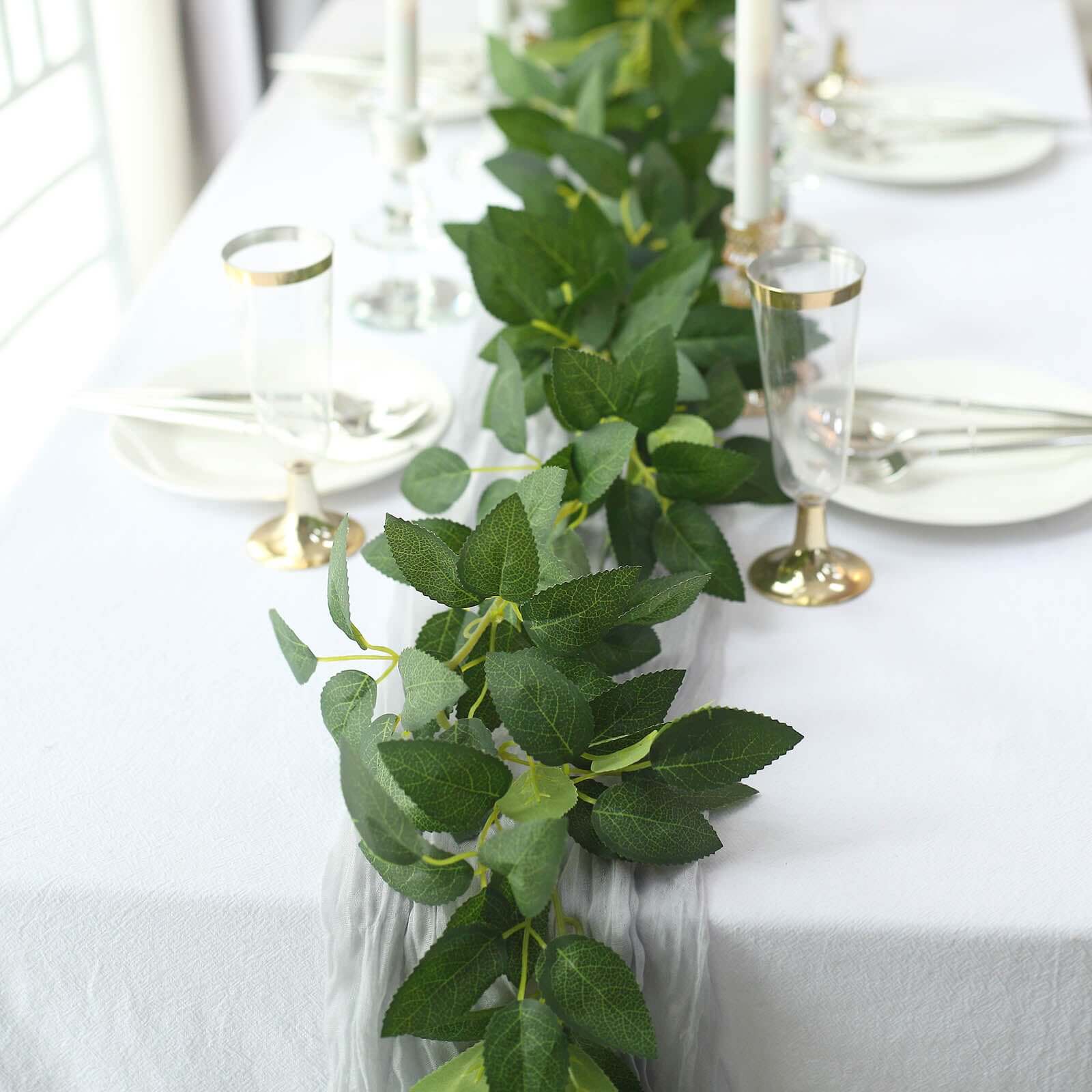 Real Touch Green Artificial Silk Rose Leaf Table Garland, Flexible Hanging Greenery Vine 6ft