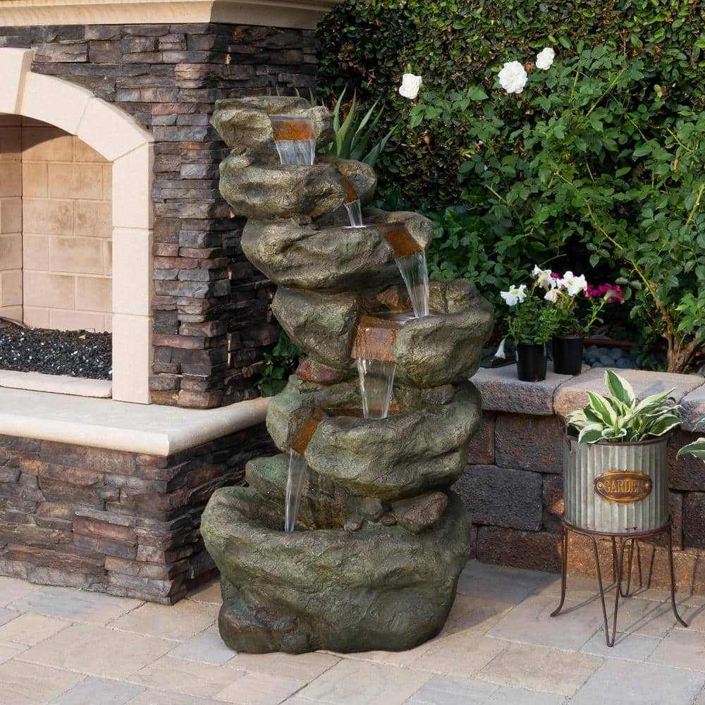 Alpine Corporation 48 in. Tall Outdoor Multi-Tier Pristine Waterfall Fountain with LED Lights TZL106