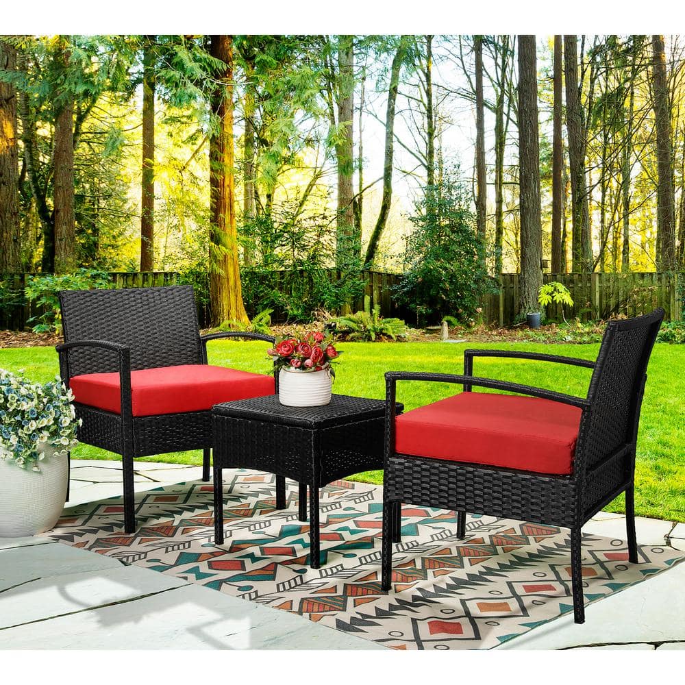 EDYO LIVING 3-Piece Wicker Patio Conversation Set with Red Cushions CYHZ012-RD-DB05