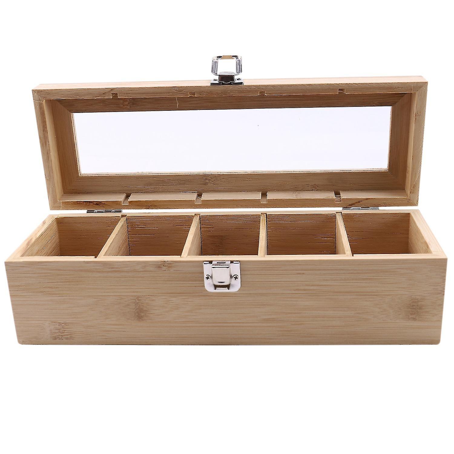 Bamboo System Tea Bag Jewelry Organizer Storage Box 5 Compartments Tea Box Organizer Wood Sugar Pac