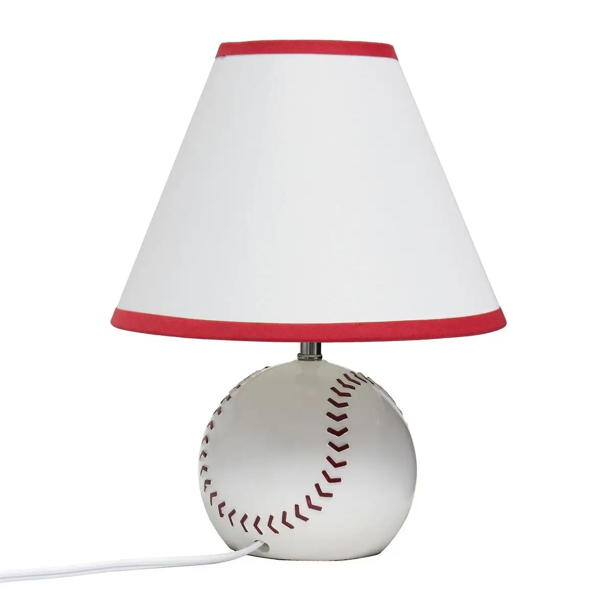 Simple Designs Athletic Sports Baseball Base Ceramic Bedside Table Desk Lamp with White Empire Fabric Shade with Red Trim