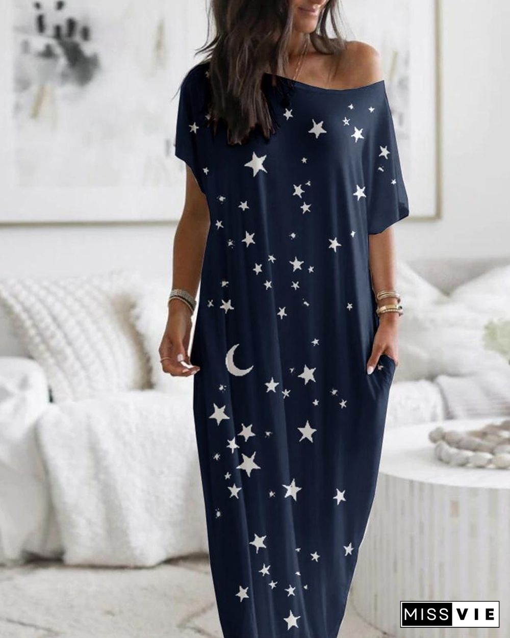 Short Sleeve Stars Print Casual Dress P14782