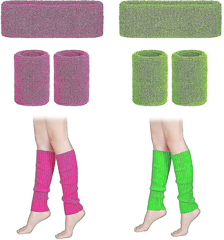 2 Pairs 80s Neon Knit Leg Warmers Knee High Socks， 2 Pieces Running Headband