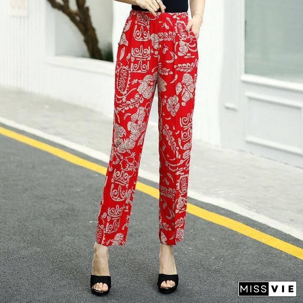 22 Colors Women Summer Casual Pencil Pants XL-5XL Plus Size High Waist Pants Printed Elastic Waist Middle Aged Women Pants