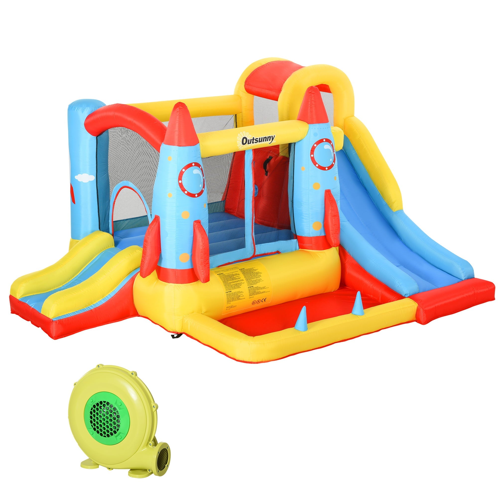 Outsunny 4-in-1 Kids Inflatable Bounce House Jumping Castle with 2 Slides, Climbing Wall, Trampoline, & Water Pool Area, Air Blower