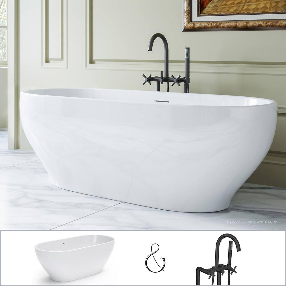 PELHAM  WHITE W-I-D-E Series Palisades 67 in. Acrylic Oval Freestanding Bathtub in White Floor-Mount Faucet in Matte Black PW9562079X-MB