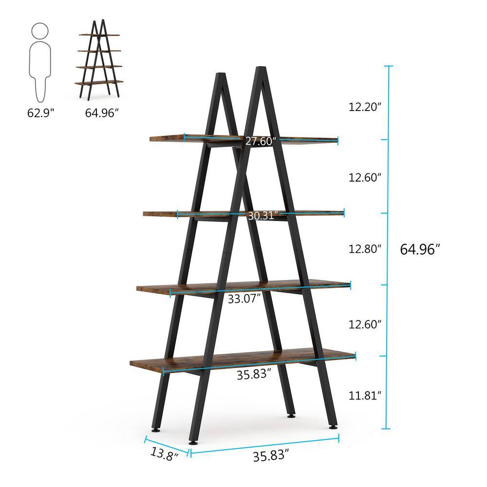 BYBLIGHT Eulas 65 in. Rustic Brown Wood 4-Shelf Ladder Bookcase A-Shaped Bookcase Leaning Plant Stand Storage Rack BB-U0033GX