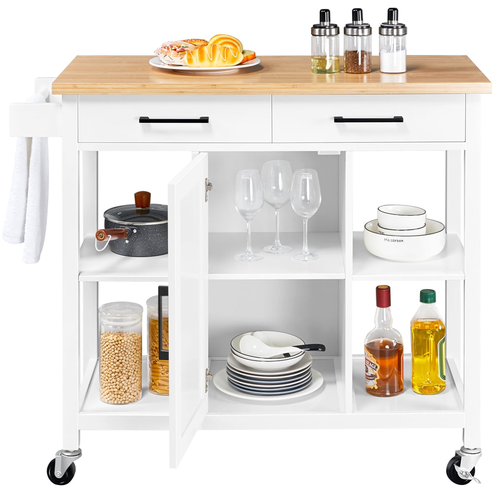 SmileMart Rolling Kitchen Storage Trolley Cart with Cabinet， Drawers and Towel Bar， White